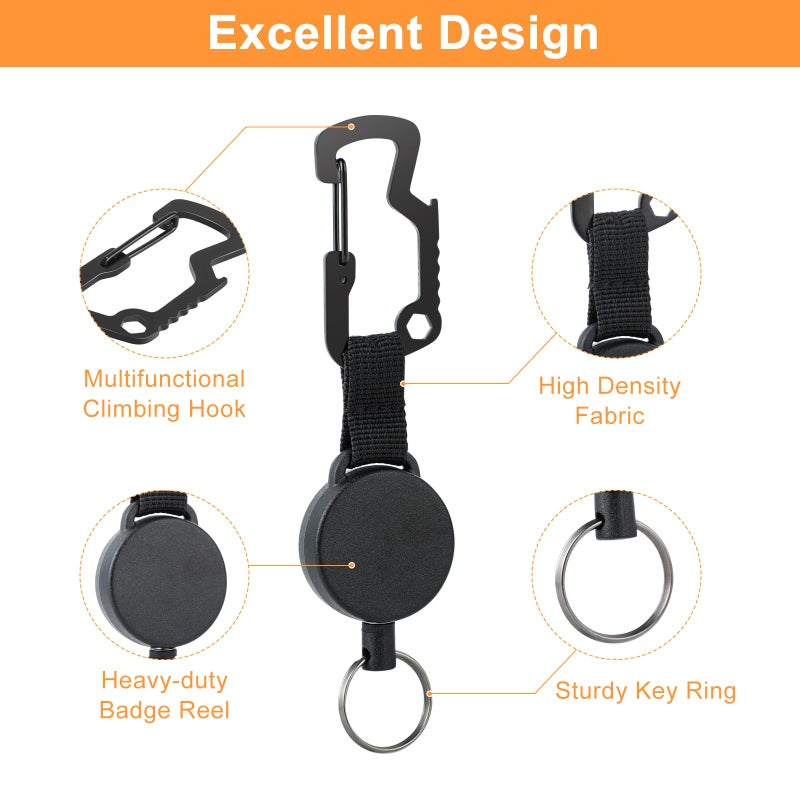 DELSWIN Retractable Key Chain Key-Rings - Heavy Duty Key Holder Belt Clip with Multitool Carabiner, Keychain Lanyard Badge Reels (Pack of 3) - Image 4